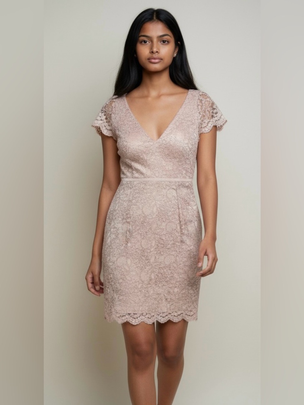 Jenny Yoo Collection Cocktail Dress Women 6 Champagne Taupe GUC Lace V-Neck Cap